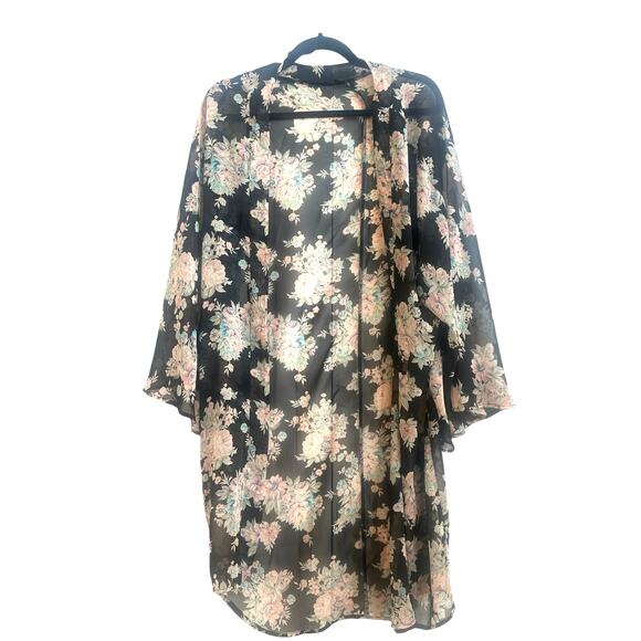 Honey Punch Tops - Honey Punch Sheer Black with Pastel Floral Long Open Front Kimono
